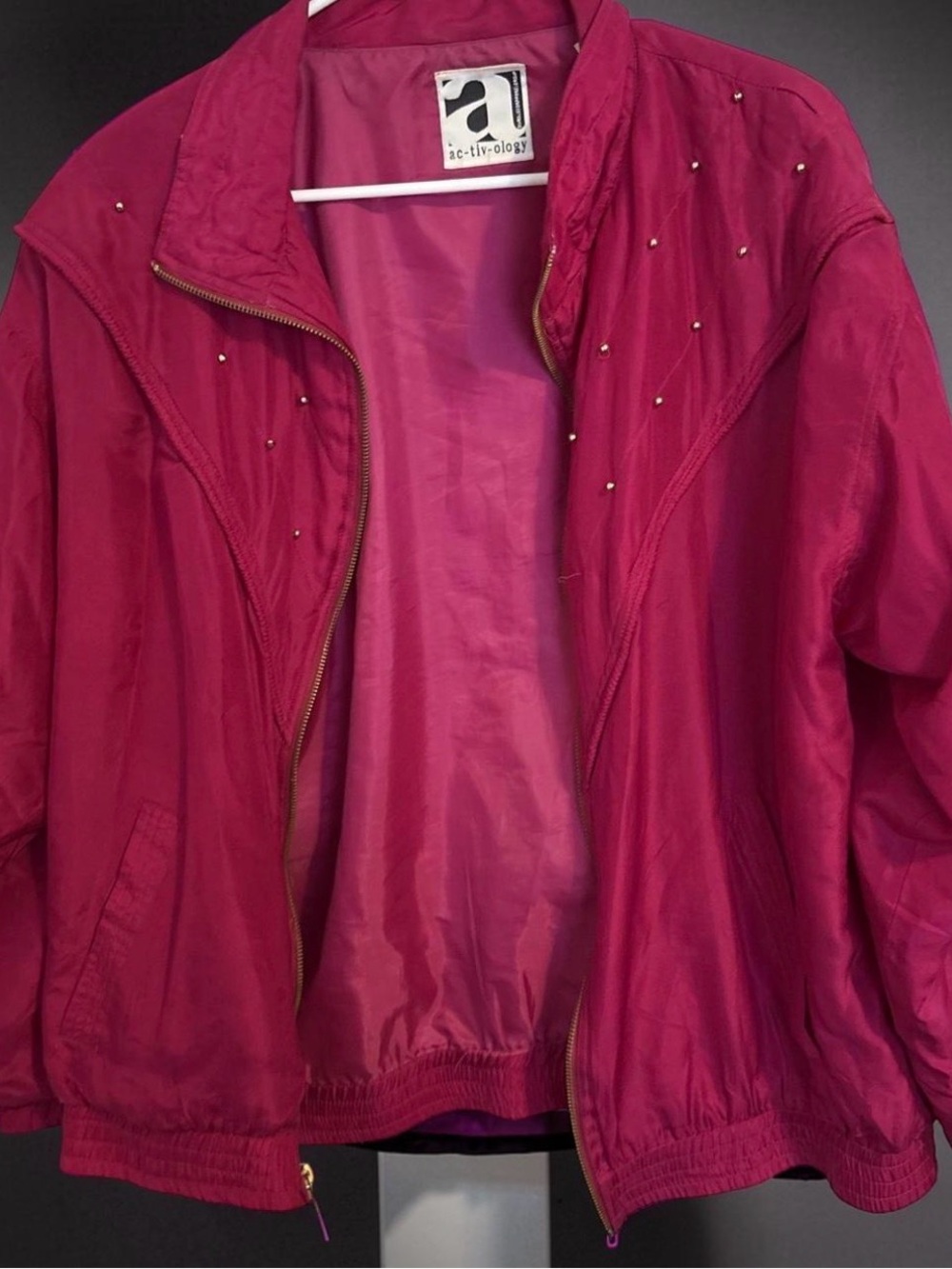 Vintage-Inspired Magenta Bomber Jacket with Embellished Details – Bold Statement